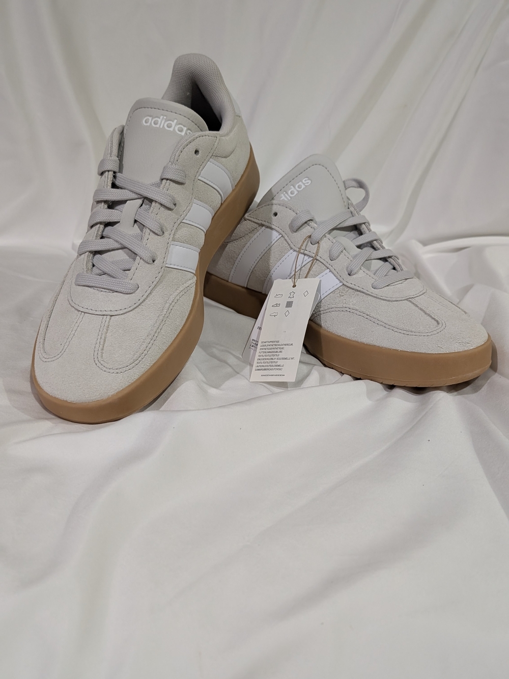 adidas Men’s Light Tan Suede Sneakers with White Stripes and Gum Sole